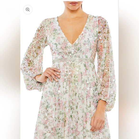 Mac Duggal Women's Embellished Floral Print Faux Wrap A Line Dress. - Picture 2 of 6